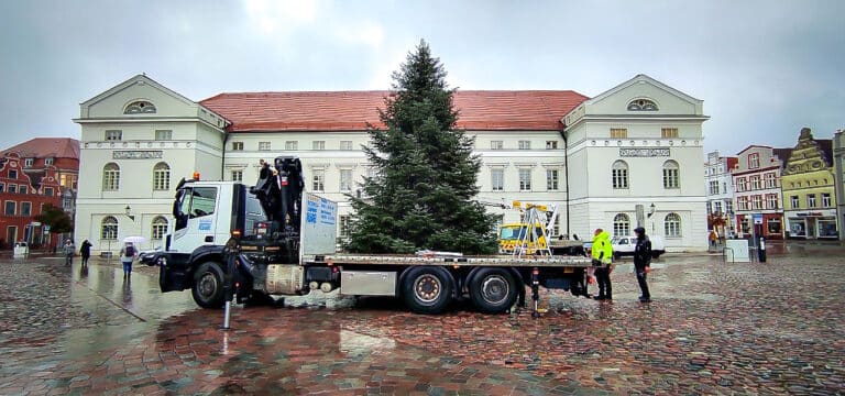 Der Weihnachtsbaum wird wieder auf dem Marktplatz von Wismar aufgestellt